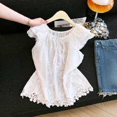 批发实拍2026夏季甜美飞飞袖刺绣白色上衣小衫<b class='q'>宽松</b>显瘦遮肚子娃娃衫女