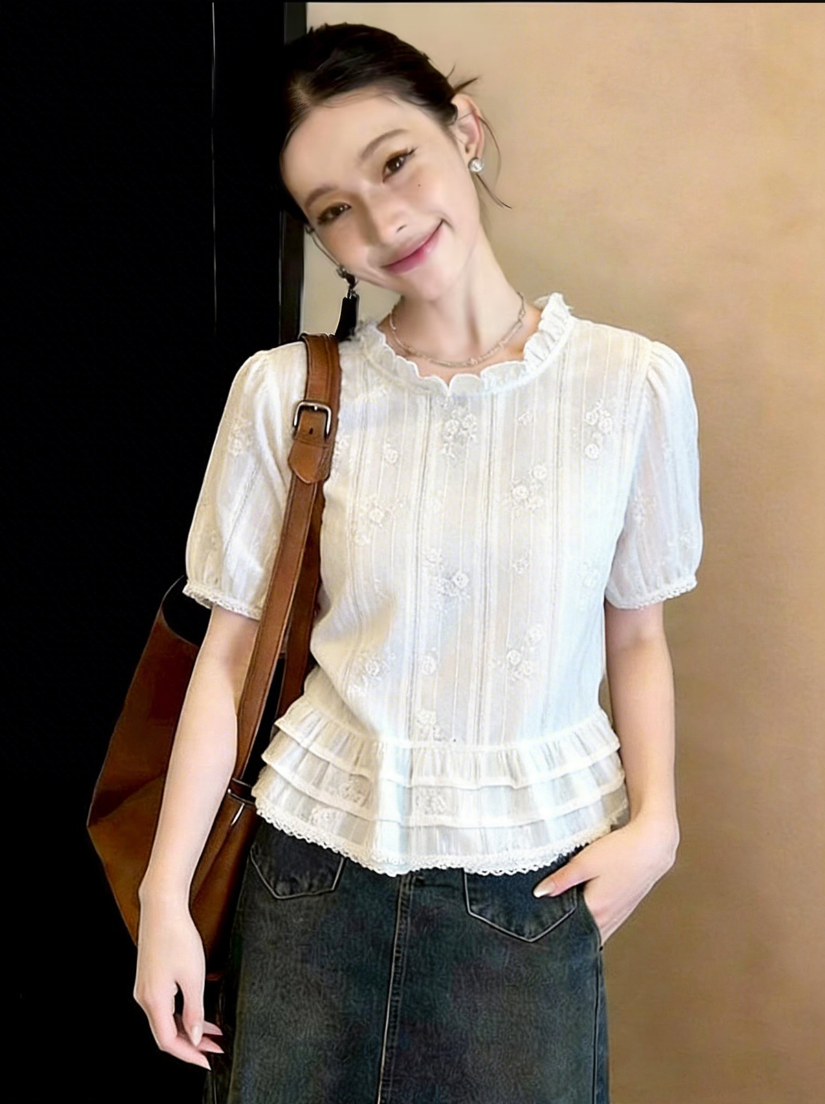 2025 여름 새로운 패션 프릴 스탠드 칼라 자수 반팔 여성 셔츠 작은 키 인형 셔츠 기본 셔츠 여성