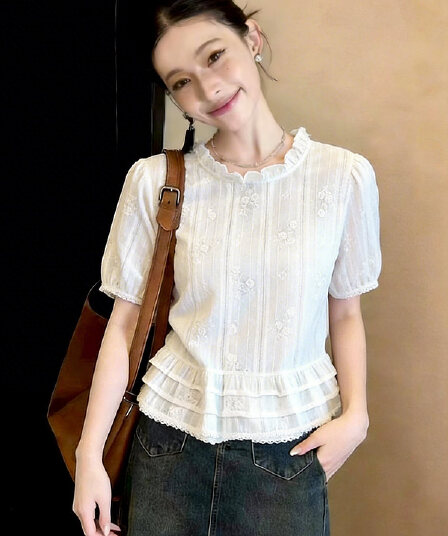 2025 여름 새로운 패션 프릴 스탠드 칼라 자수 반팔 여성 셔츠 작은 키 인형 셔츠 기본 셔츠 여성