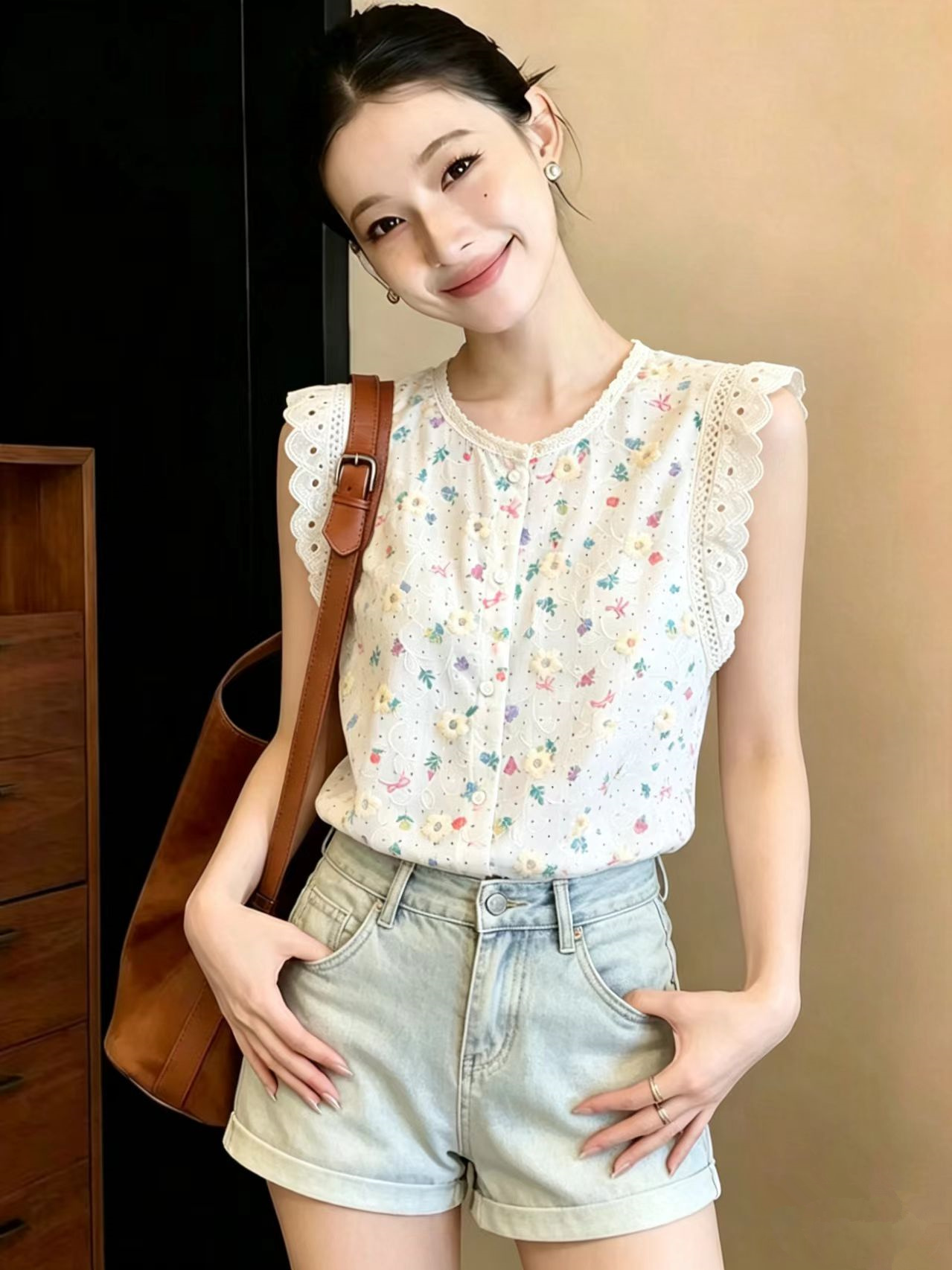 실사 프랑스식 라운드 넥 프린트 여성 셔츠 여름 꽃무늬 자수 작은 날다 소매 루즈핏 표지 고기 연령 감소 인형 셔츠 작은 셔츠