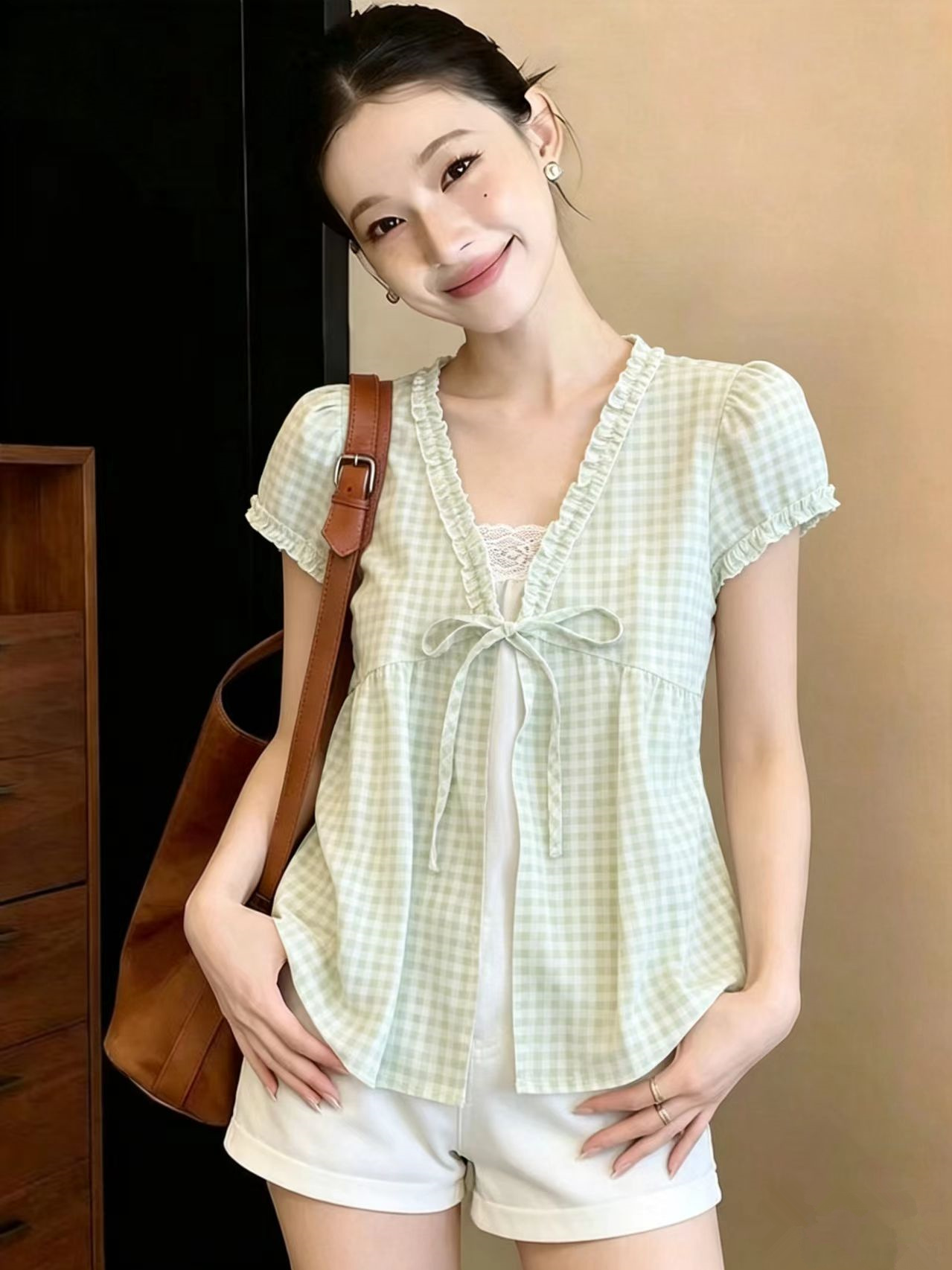 RY8137# 假两件格子短袖衬衫女夏季2026新款韩系清新风宽松显瘦娃娃衫上衣