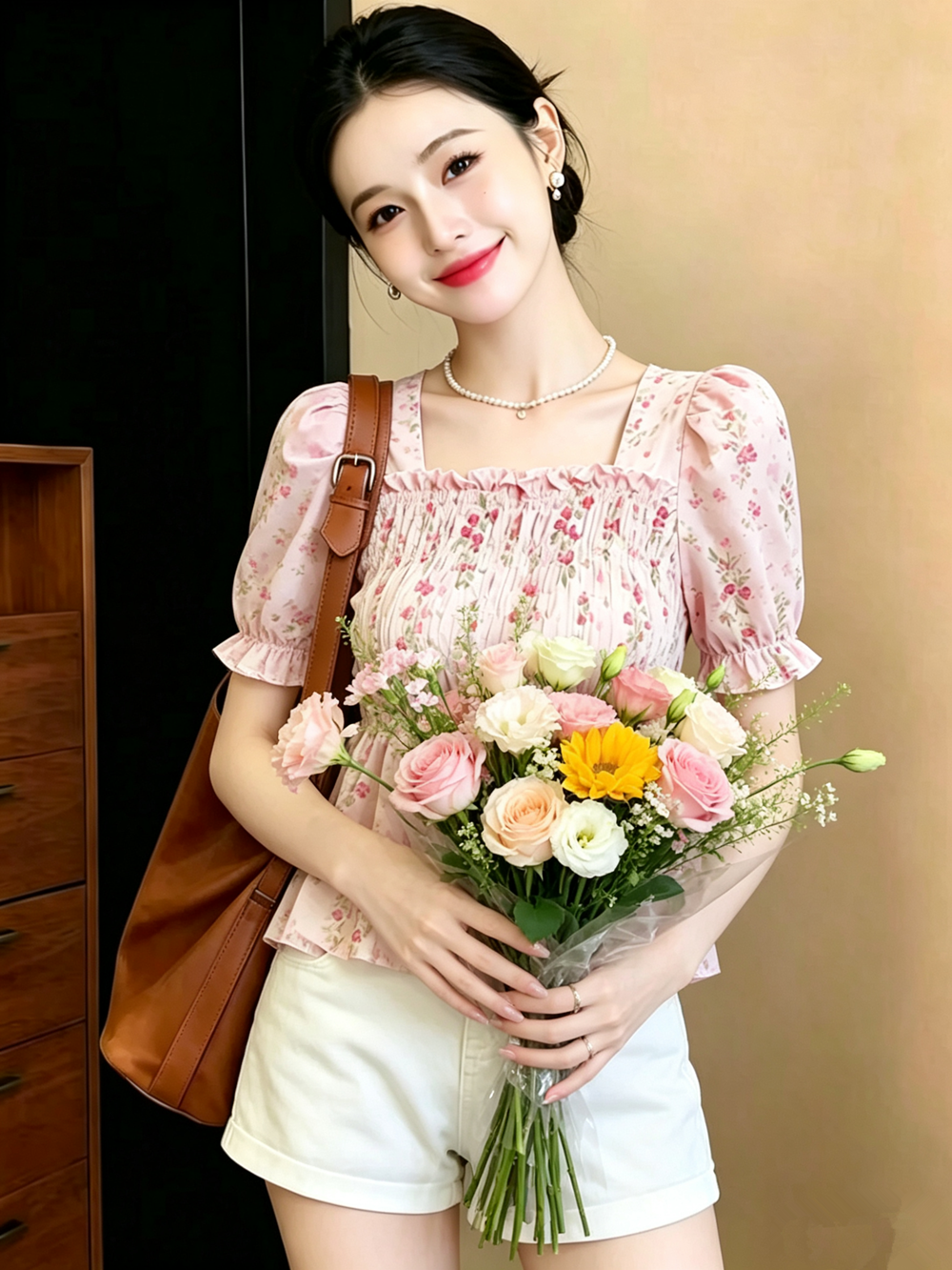 프랑스식 꽃무늬 광장 칼라 여성 셔츠 여름 새로운 거품 소매 명중 가져 가라. 허리 수축 슬림해 보이는 달콤함 인형 셔츠 맨위