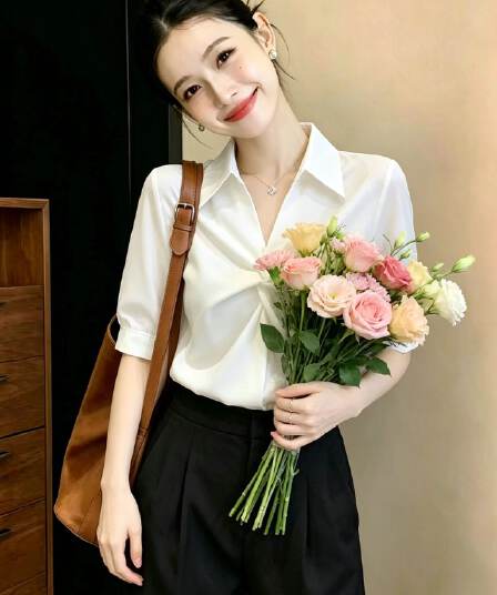 품격 V넥 주름 반팔 셔츠 여름 새로운 한국 스타일 패션 외국 가스 디자인 센스 작은 대중 반팔 맨위