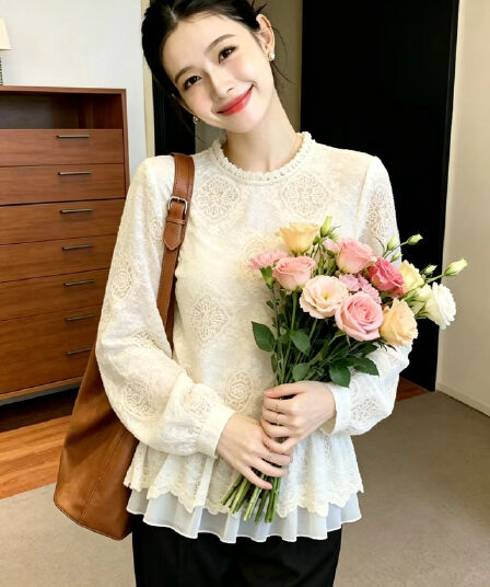 2026 가을 부드러운 바람 자수 레이스 맨위 여성 이후 열기 버클 이중층 밑단 슬림해 보이는 다용도 품격 만나는 작은 셔츠
