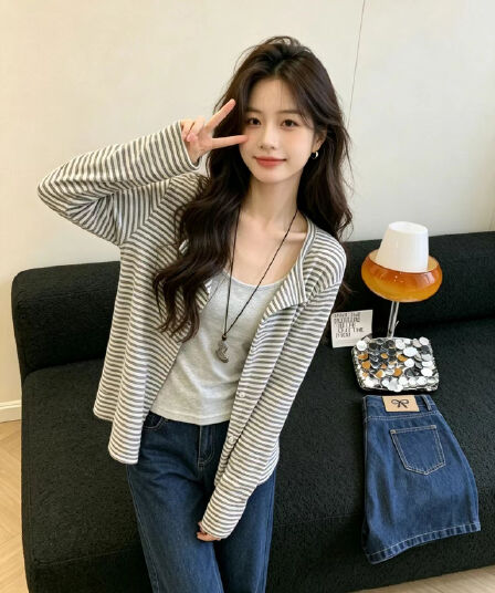 한 부서 페이크 레이어드 스트라이프 긴팔 티셔츠 여성 이른 가을 폴로 칼라 패치워크 기본 셔츠 느긋한 바람 슬림해 보이는 원피스 켜기