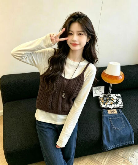 실사 부드러운 캐주얼 바람 홀로우 아웃 자수 니트 슬립 베스트 조끼 기초 긴팔 티셔츠 여성 투피스 세트