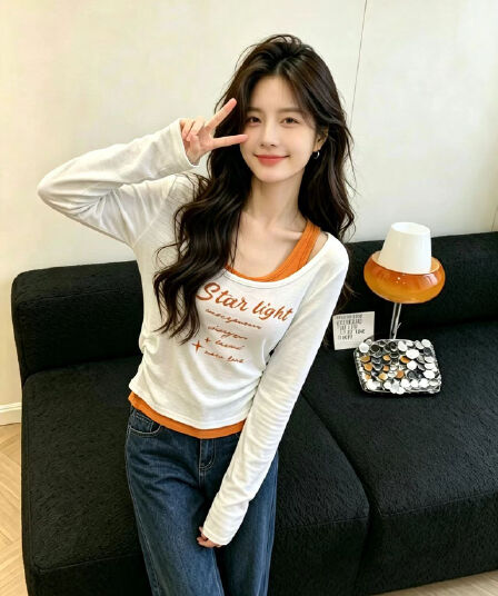 실사 한 부서 배색 페이크 레이어드 긴팔 티셔츠 여성 가을 알파벳 프린트 펌프 Pleat 허리 수축 핫걸 쇼트 스타일 맨위