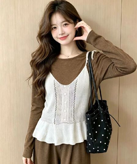 실사 한 부서 이른 가을 느긋한 바람 홀로우 아웃 니트 슬립 세트 라운드 넥 긴팔 만나는 스택 착용 두 조각 여성 세트