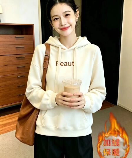 실사 패션 털이 있는 후드 티 스웨터 여성 가을 겨울 새로운 루즈핏 다용도 알파벳 자수 긴팔 맨위 여성 코트
