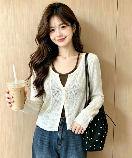 실사 디자인 센스 페이크 레이어드 행침 목 니트 맨위 이른 가을 새로운 느긋한 바람 쇼트 스타일 슬림해 보이는 니트 오픈 가디건 여성