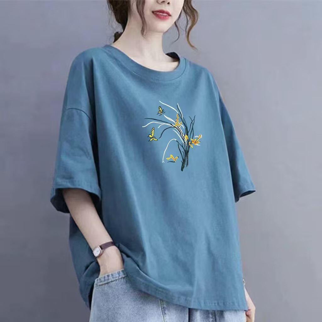빅 사이즈 티셔츠 지방 mm 순면 라운드 넥 어머니 드레스 반팔 여성 여름 루즈핏 캐주얼 프린트 슬림해 보이는 표지 고기 맨위