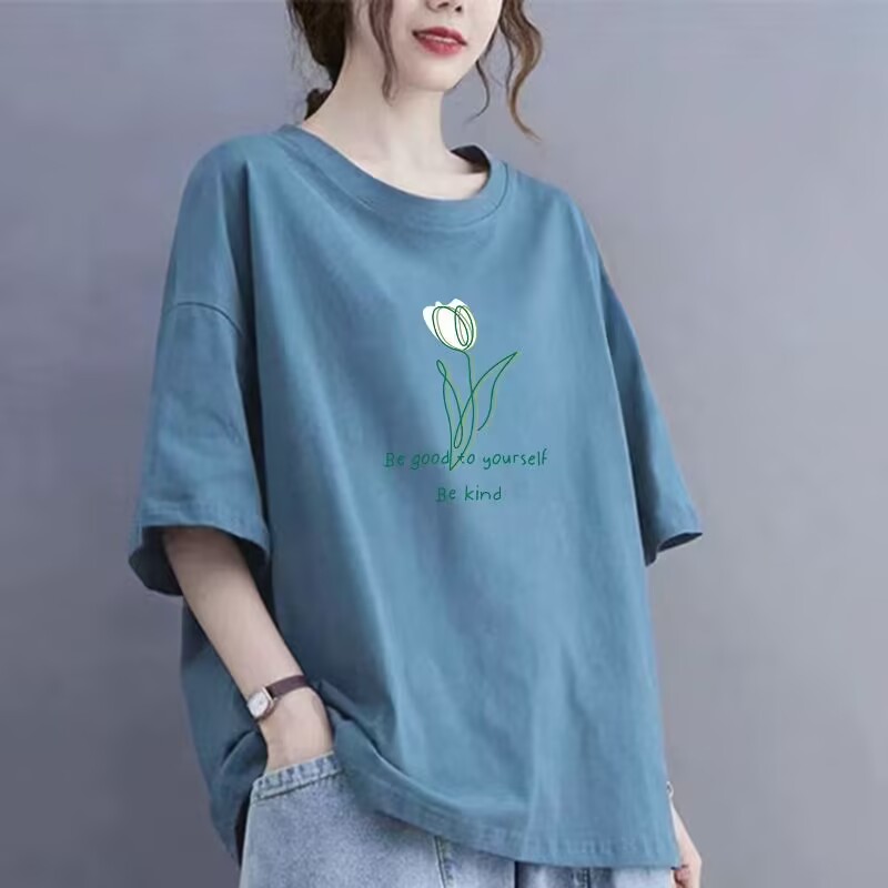 빅 사이즈 티셔츠 지방 mm 순면 라운드 넥 어머니 드레스 반팔 여성 여름 루즈핏 캐주얼 프린트 슬림해 보이는 표지 고기 맨위