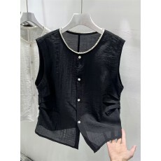 批发今年流行轻薄微透纯色衫无袖木耳边小衫女2025夏季新款高级感马甲