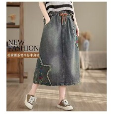 批发刺绣牛仔半身裙女2025<b class='q'>春</b>夏季宽松大码松紧腰系带百搭遮胯a字长裙