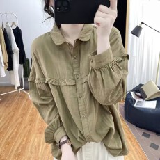 批发元宝领灯笼袖纯棉长袖衬衫女韩国春秋荷叶边减龄上衣复古<b class='q'>打底衫</b>衣