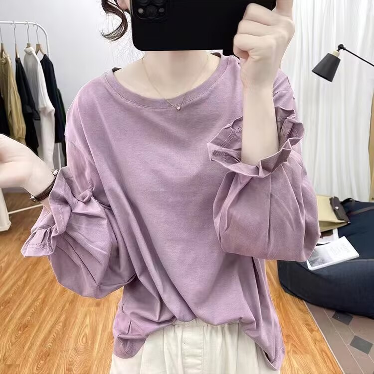 봄 가을 새로운 벌룬 소매 티셔츠 여성 루즈핏 연령 감소 슬림해 보이는 단색 작은 청신 미니멀리즘 긴팔 표지 배 맨위