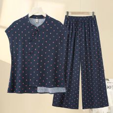 批发时尚波点立领小衫阔腿裤套装夏季薄款显瘦洋气短袖国风上衣妈妈装