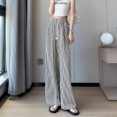 批发早春新款直筒<b class='q'>阔腿裤</b>女窄版百搭高腰显瘦垂感宽松慵懒风条纹<b class='q'>裤</b>子女