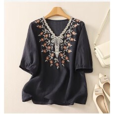 批发棉麻重工刺绣V领短袖衬衫女2026新款夏装气质百搭T恤棉麻小衫上衣