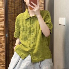 批发复古<b class='q'>棉麻</b>衬衫女夏季新款纯色短袖减龄气质文艺休闲宽松百搭<b class='q'>上衣</b>女