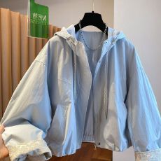 批发独特超好看蓝色连帽外套<b class='q'>女</b>春秋新款宽松休闲复古提花短款拉链<b class='q'>夹克</b>
