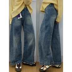 批发大码复古美式加绒加厚弯刀牛仔裤女秋冬胖mm高腰显瘦直筒阔腿裤子