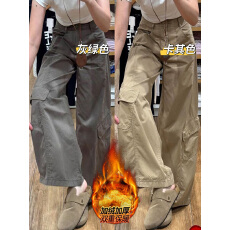 批发大码复古美式工装牛仔裤女秋冬加绒加厚胖mm高腰显瘦直筒阔腿裤子