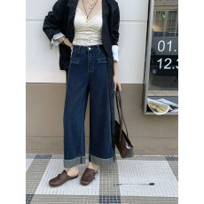 批发实拍<b class='q'>大码</b>复古九分牛仔裤女春季胖mm小个子宽松高腰显瘦直筒阔腿裤