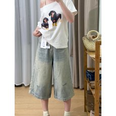 批发美式复古阔腿牛仔短裤女夏季大码胖mm高腰直筒宽松显瘦七分裤中裤