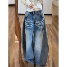 批发美式高街小众牛仔裤女2026春季新款大码胖mm宽松直筒弯刀阔腿裤子