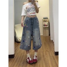 美式多巴胺彩色纽扣七分牛仔裤女2026夏季宽松直筒阔腿中裤六分裤