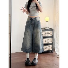 批发实拍阔腿牛仔<b class='q'>七分裤</b>女夏季新款大码胖mm宽松显瘦梨形身材直筒短裤