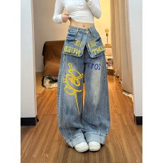 批发美式复古高街双腰搭片印花牛仔裤女秋冬新款休闲宽松直筒阔腿裤子