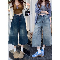 批发大码复古美式七分牛仔裤女<b class='q'>夏</b>季胖mm小个子宽松高腰显瘦直筒阔腿裤
