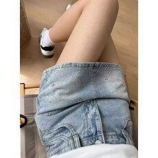 批发大码复古美式烫钻牛仔半身裙女夏季胖mm高腰显瘦包臀a字短裙裤子