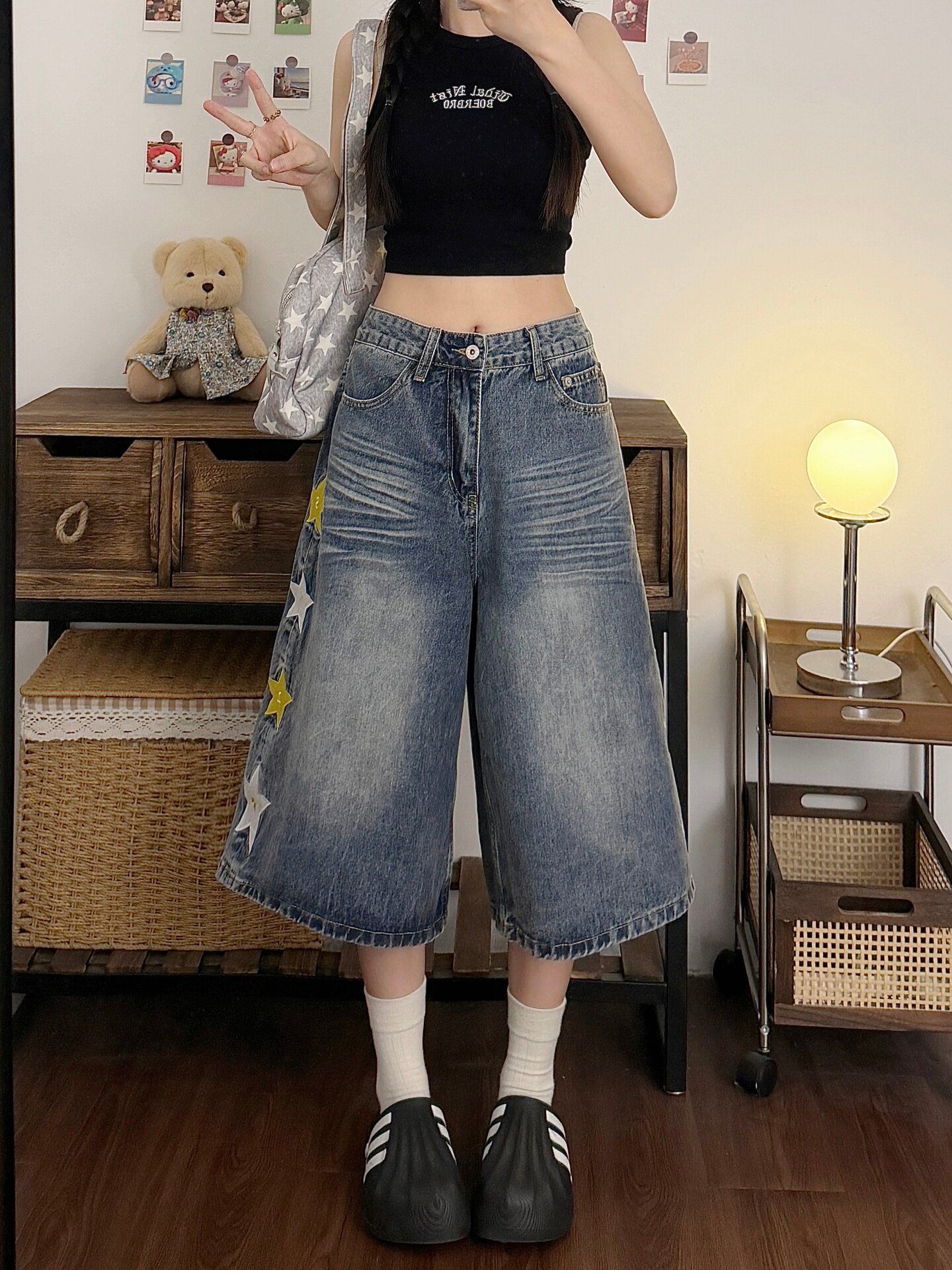 별 자수 워싱 넓은 다리 데님 반바지 여성 여름 새로운 루즈핏 스트레이트 바지 캐주얼 다용도 7부 바지