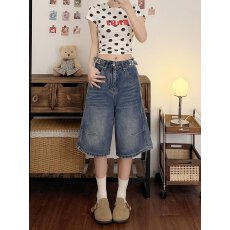批发实拍阔腿牛仔短裤女2026夏季大码休闲高腰显瘦宽松爆款直筒五分裤