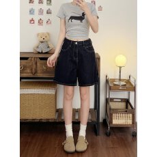 批发实拍深蓝色高腰牛仔短裤女大码夏季薄款高腰显瘦宽松休闲五分裤子