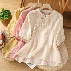 批发实拍新中式国风盘扣短袖刺绣花苎麻衬衫上衣女薄款棉麻圆领小衫