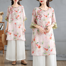 批发2026实拍春夏系扣圆领春夏<b class='q'>中袖</b>印花刺绣连衣<b class='q'>裙</b>H型<b class='q'>裙</b>植物连衣<b class='q'>裙</b>