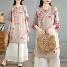 批发2026实拍春夏系扣圆领春夏<b class='q'>中袖</b>印花刺绣连衣<b class='q'>裙</b>H型<b class='q'>裙</b>植物连衣<b class='q'>裙</b>