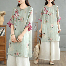 批发2026实拍春夏系扣圆领春夏<b class='q'>中袖</b>印花刺绣连衣<b class='q'>裙</b>H型<b class='q'>裙</b>植物连衣<b class='q'>裙</b>