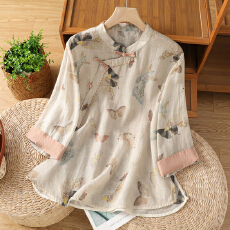 批发2026实拍春夏新中式女装印花盘扣苎麻衬衫<b class='q'>夏季</b>小众款国风<b class='q'>旗袍</b>上衣