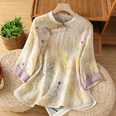 批发2026实拍春夏新中式女装印花盘扣苎麻衬衫<b class='q'>夏季</b>小众款国风<b class='q'>旗袍</b>上衣