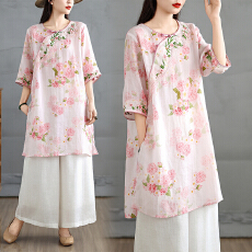 批发2026实拍春夏圆领春夏<b class='q'>中袖</b>印花刺绣连衣<b class='q'>裙</b>H型<b class='q'>裙</b>植物连衣<b class='q'>裙</b>