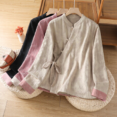 批发2026春<b class='q'>夏</b>实拍民族风提花棉麻立领衬衫斜襟珠扣宽松百搭长袖禅意