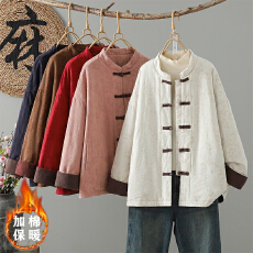 批发实拍高品质<b class='q'>亚麻</b>提花盘扣棉服<b class='q'>外套</b>女上衣