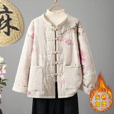 批发实拍长袖女圆领亚麻棉刺绣短外套唐装提花宽松中式