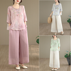 批发2026新款新中式夏季苎麻刺绣宽松圆领斜襟百搭衬衫阔腿<b class='q'>裤</b><b class='q'>套装</b>