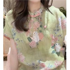 批发夏日松弛感穿搭国风印花小衫女
